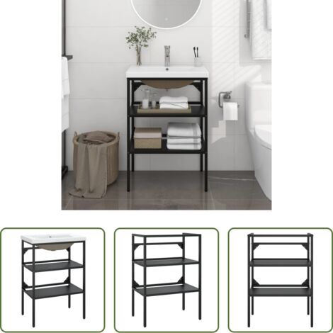 vidaXL Lavabo in ceramica -  Telaio per Lavabo da Bagno con Lavabo Integrato Nero in Ferro