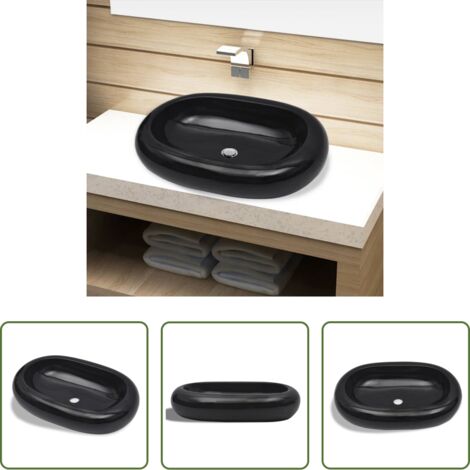 vidaXL Lavabo ovalado - Lavabo de cerámica negro ovalado