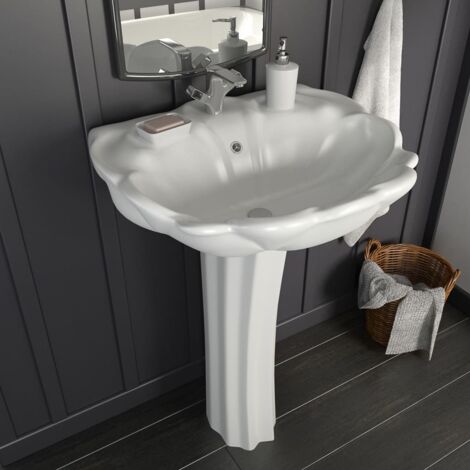 Vidaxl – Lavabo sur colonne céramique blanc 580x510x200 mm – Finition émaillée – Trou de robinet 35 mm – Design moderne