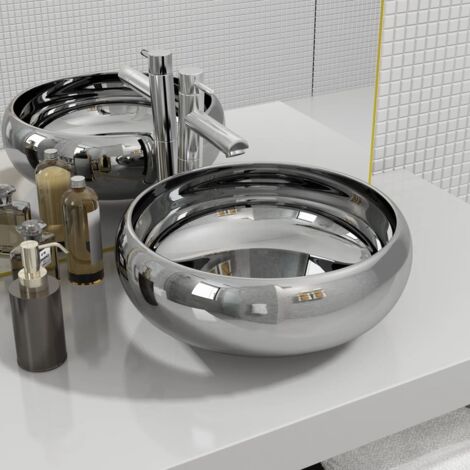 Vidaxl – Lavabo vasque céramique argenté 40 x 15 cm – Forme ronde – Installation au-dessus du comptoir – Surface émaillée facile à nettoyer