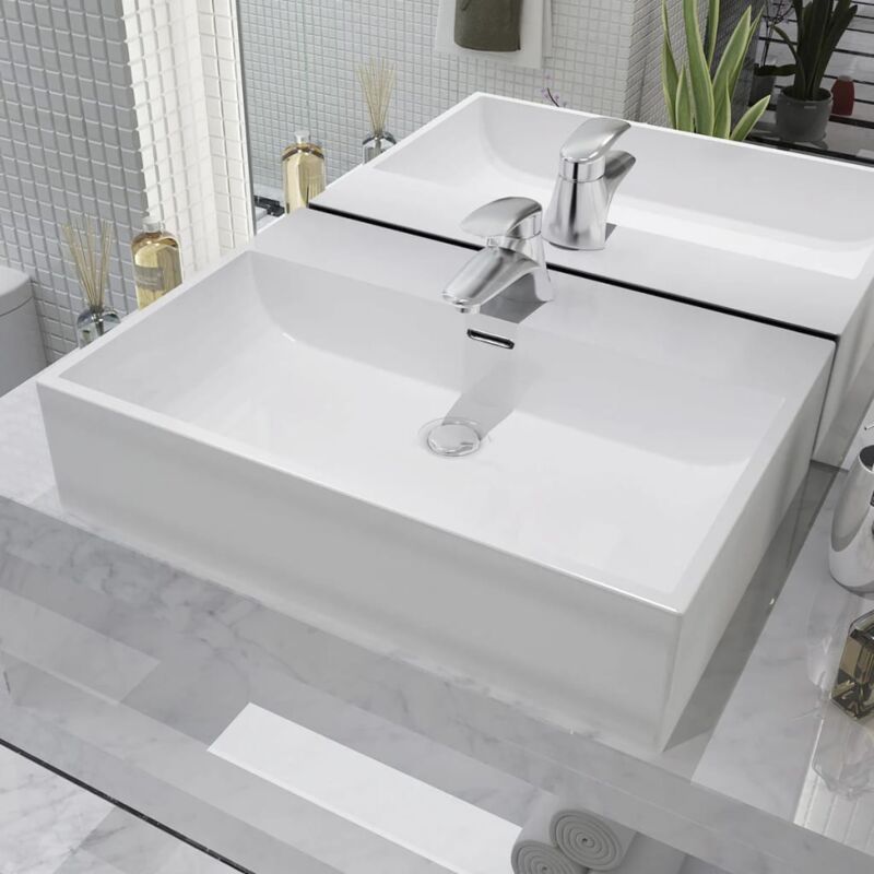 Lavandino con Foro Rubinetto Ceramica Bianca 60,5x42,5x14,5 cm - Vidaxl