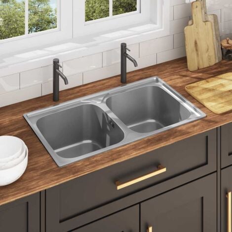 vidaXL Lavello da Cucina Doppio con Filtro e Sifone in Acciaio Inox
