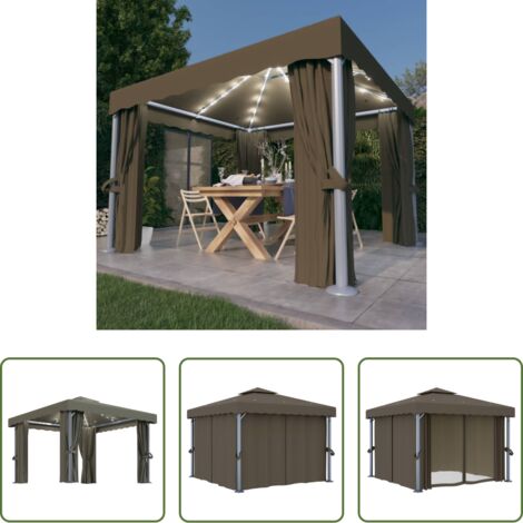 vidaXL LED-Lichterkette -  Pavillon mit Vorhängen & LED-Lichterkette 3x3 m Taupe