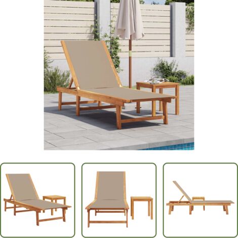 vidaXL Legno acacia -  Lettino Prendisole e Tavolo Tortora Massello Acacia e Textilene