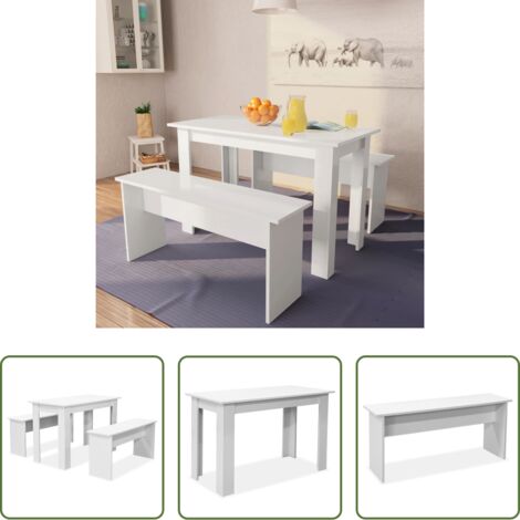 vidaXL Legno multistrato -  Tavolo da Pranzo e Panche 3 pz in Legno Multistrato Bianco