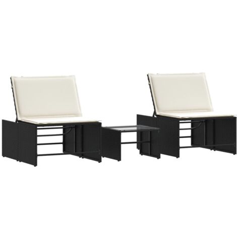 vidaXL Lettini prendisole modulari 2 pz con tavolo nero in polyrattan