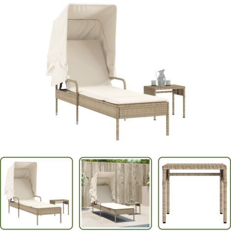 vidaXL Lettino con baldacchino -  Lettino Prendisole con Baldacchino e Tavolino Beige Polyrattan