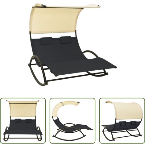 vidaXL Lettino con baldacchino -  Lettino Prendisole Doppio Baldacchino in Textilene Nero e Crema