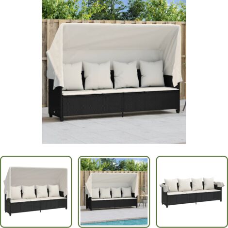 vidaXL Lettino con cuscini -  Lettino Prendisole con Baldacchino e Cuscini Nero Polyrattan