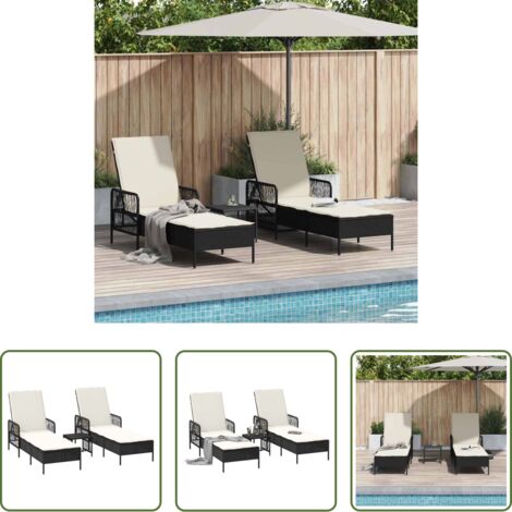 vidaXL Lettino da giardino -  Lettino da sole 2-persona 3 pcs Nero e Bianco Crema polyrattan