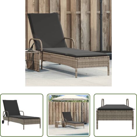 vidaXL Lettino da giardino -  Lettino Prendisole con Ruote e Cuscino in Polyrattan Grigio