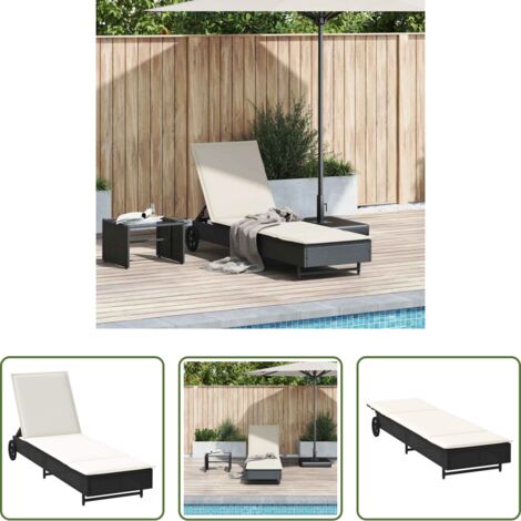 vidaXL Lettino da giardino -  Lettino Prendisole con Ruote e Cuscino in Polyrattan Nero