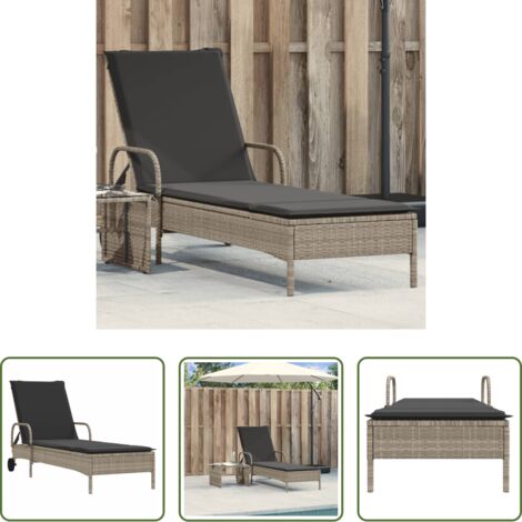 vidaXL Lettino da giardino -  Lettino Prendisole con Ruote e Cuscino Polyrattan Grigio Chiaro