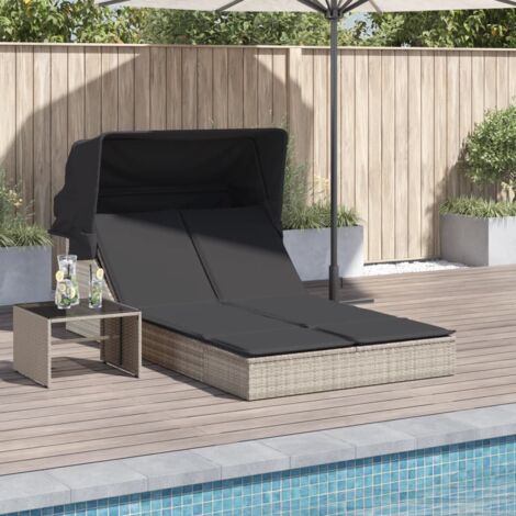 vidaXL Lettino Doppio Baldacchino e Cuscini Grigio Chiaro Polyrattan