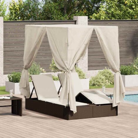 vidaXL Lettino doppio con tetto e tende Marrone 203 x 128 x 202 cm
