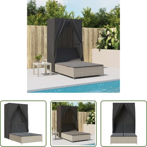 vidaXL Lettino doppio -  Lettino Prendisole Tetto e Tende Grigio Chiaro in Polyrattan