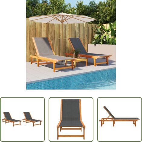 vidaXL Lettino in legno -  Lettini Prendisole 2 pz Neri Legno Massello Acacia e Textilene