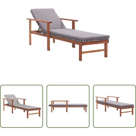 vidaXL Lettino in rattan -  Sdraio con Cuscino Polyrattan e Legno Massello di Acacia Grigia