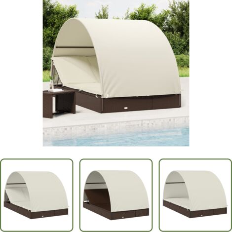 vidaXL Lettino per piscina -  Lettino Doppio Tetto Rotondo Marrone 211x112x140 cm Polyrattan