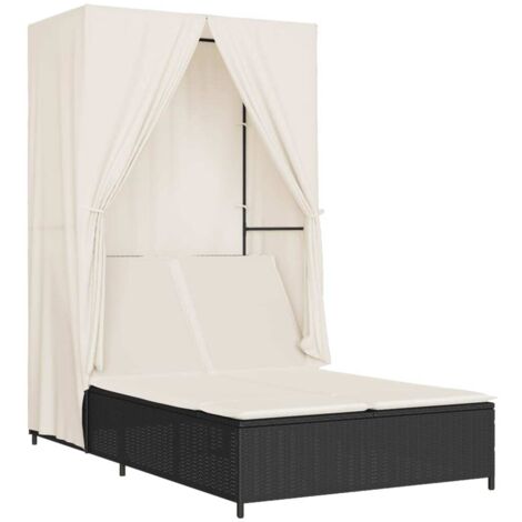 vidaXL Lettino Prendisole con Tetto e Tende Nero in Polyrattan