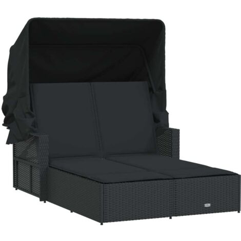 vidaXL Lettino Prendisole Doppio Baldacchino e Cuscini Nero Polyrattan