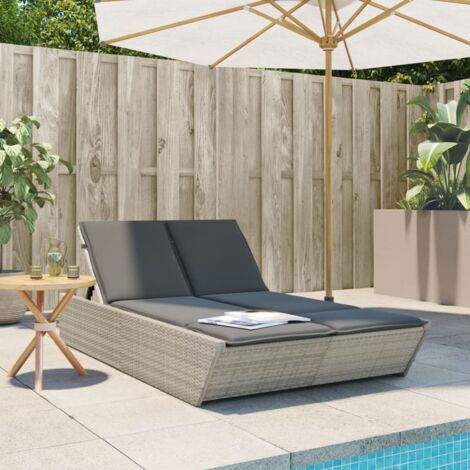 vidaXL Lettino Prendisole Doppio con Cuscini Grigio Chiaro Polyrattan