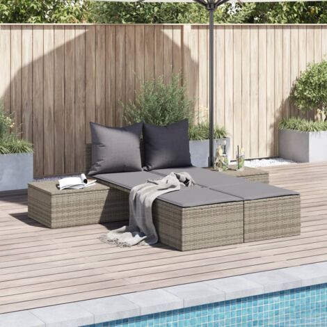 vidaXL Lettino Prendisole Doppio con Cuscini Grigio in Polyrattan