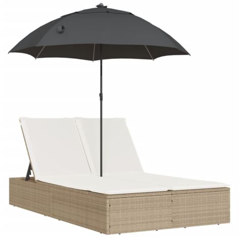 vidaXL Lettino Prendisole Doppio Cuscini e Parasole Beige Polyrattan