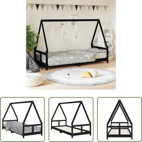 vidaXL Letto a casa -  Giroletto per Bambini Nero 80x200 cm in Legno Massello di Pino