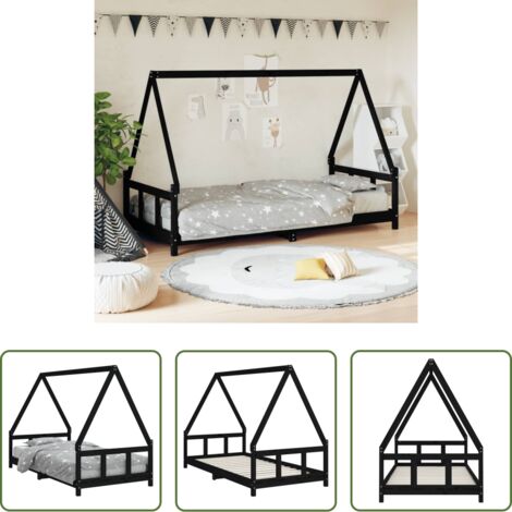 vidaXL Letto a casa -  Giroletto per Bambini Nero 90x190 cm in Legno Massello di Pino