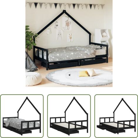 vidaXL Letto a casetta -  Giroletto Bambini con Cassetti Nero 90x200cm Massello di Pino