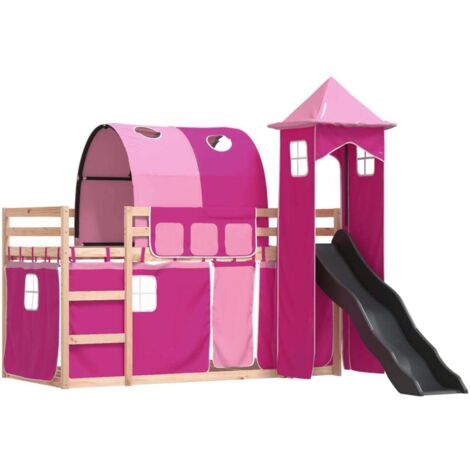 vidaXL Letto a Castello con Scivolo e Tende Rosa 90x190 cm