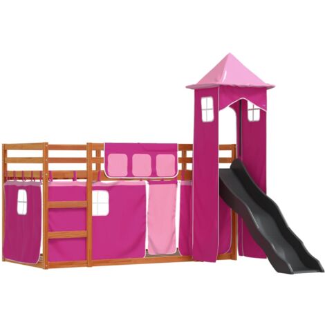 vidaXL Letto a Castello con Scivolo e Tende Rosa 90x200 cm