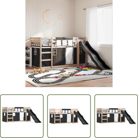 vidaXL Letto a castello con tende -  Letto a Castello con Scivolo e Tende Bianco e Nero 80x200 cm