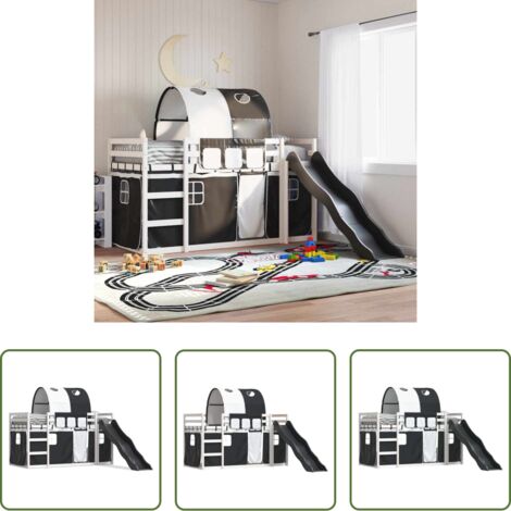 vidaXL Letto a castello con tende -  Letto a Castello con Scivolo e Tende Bianco e Nero 80x200 cm