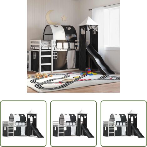 vidaXL Letto a castello con tende -  Letto a Castello con Scivolo e Tende Bianco e Nero 90x200 cm
