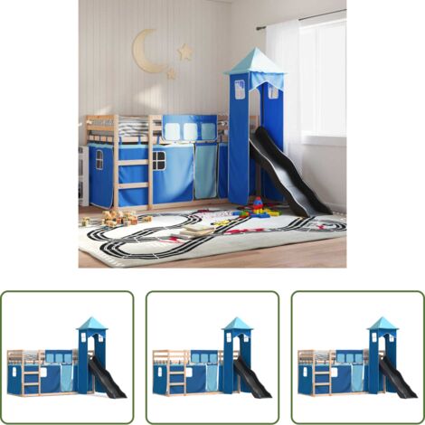 vidaXL Letto a castello con tende -  Letto a Castello con Scivolo e Tende Blu 80x200 cm