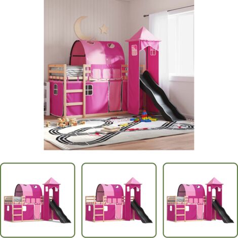 vidaXL Letto a castello con tende -  Letto a Castello con Scivolo e Tende Rosa 90x190 cm