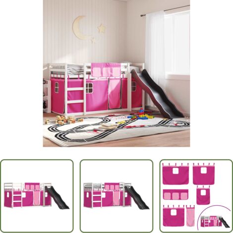 vidaXL Letto a castello con tende -  Letto a Castello con Scivolo e Tende Rosa 90x200 cm