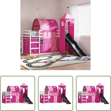 vidaXL Letto a castello con tende -  Letto a Castello con Scivolo e Tende Rosa 90x200 cm