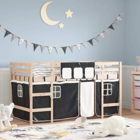 vidaXL Letto a Soppalco Bambini con Tende Bianco e Nero 90x190 cm Pino