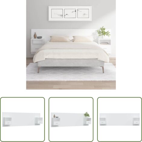 vidaXL Letto con comodini -  Testiera per Letto con Comodini in Legno Multistrato Bianco