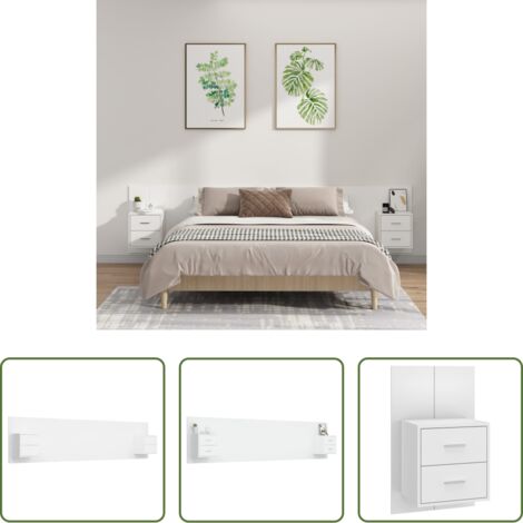 vidaXL Letto con comodini -  Testiera per Letto con Comodini in Legno Multistrato Bianco