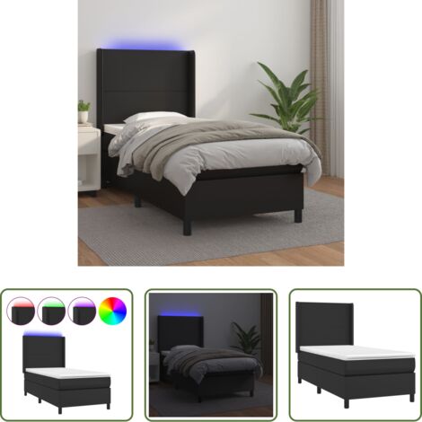 vidaXL Letto con LED -  Giroletto a Molle con Materasso e LED Nero 90x200 cm Similpelle