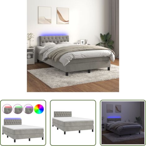 vidaXL Letto con LED -  Letto a Molle con Materasso e LED Grigio Chiaro 120x200 cm Velluto