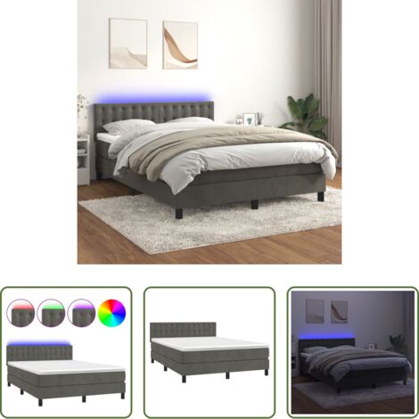 vidaXL Letto con LED -  Letto a Molle con Materasso e LED Grigio Scuro 140x190 cm