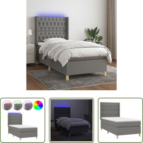 vidaXL Letto con LED - Letto a Molle Materasso e LED Grigio Scuro 90x190 cm in Tessuto