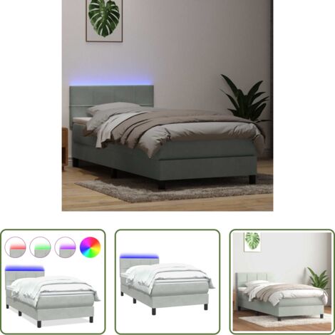 vidaXL Letto con luci LED -  Letto a Molle con Materasso e LED Grigio Chiaro 80x220 cm Velluto
