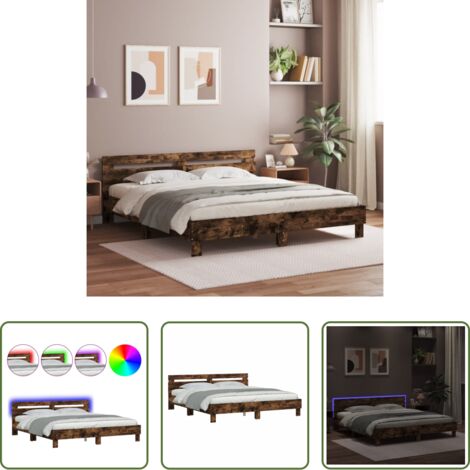 vidaXL Letto con luci RGB -  Giroletto con Testiera e LED Rovere Fumo 160x200 cm