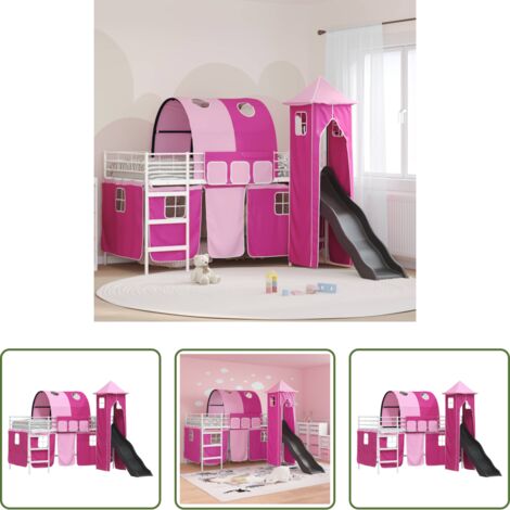 vidaXL Letto con scivolo -  Struttura del letto loft per bambini Bianco e Rosa 90 x 200 cm